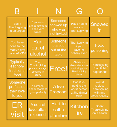 Thanksgiving Fiasco F U N Bingo Card