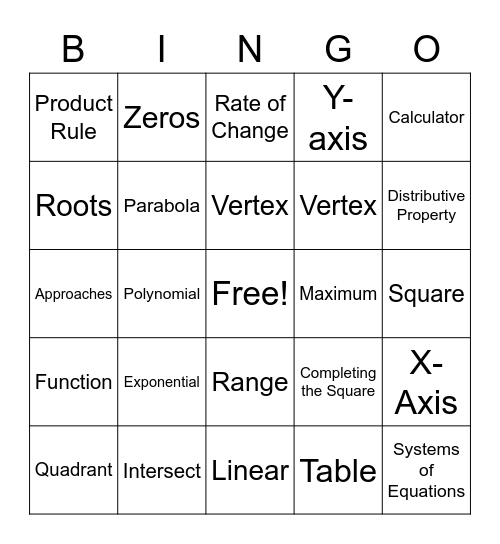 Quadratics and Exponential BINGO Card