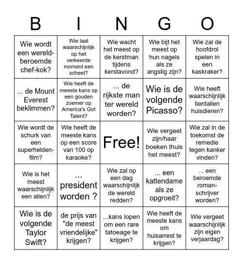 Wie zou het eerst? Bingo Card