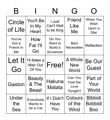 Disney Songs Bingo Card