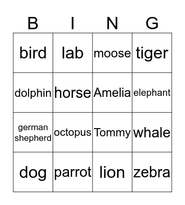 Amelia's Animal Bingo  Bingo Card