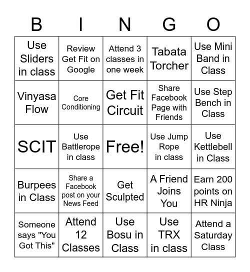 Get Fit December Challenge Bingo Card