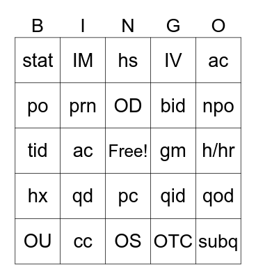 Medical Abbreviation BINGO Card