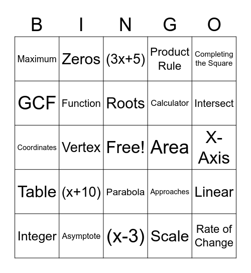 Quadratics and Exponential BINGO Card