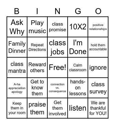 Strategies Bingo Card