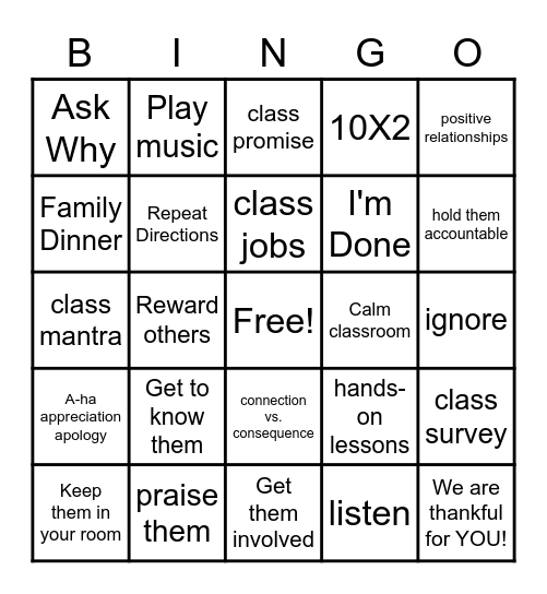 Strategies Bingo Card