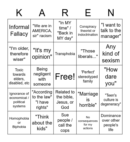 Karen Bingo Card