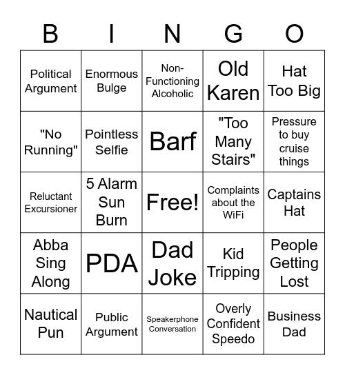 Nick's Cruise Bingo Card