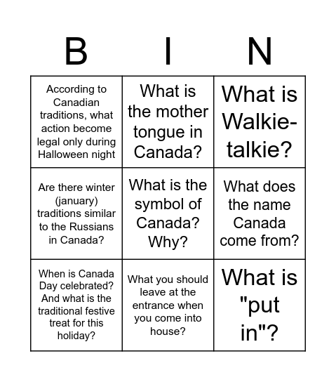 Canada Bingo Card