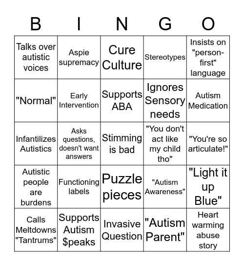 Autistic "Ally" Bingo Card
