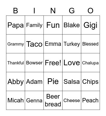 Flynn Thanksgiving Bingo Card