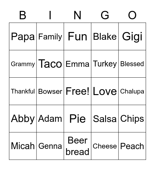 Flynn Thanksgiving Bingo Card