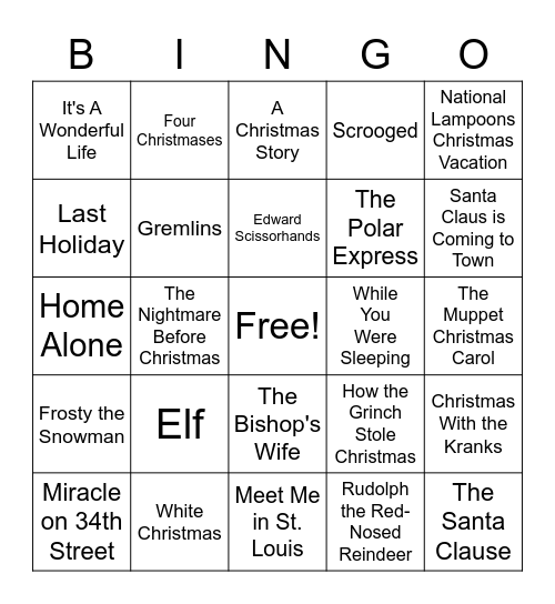 Christmas Movie Bingo Card