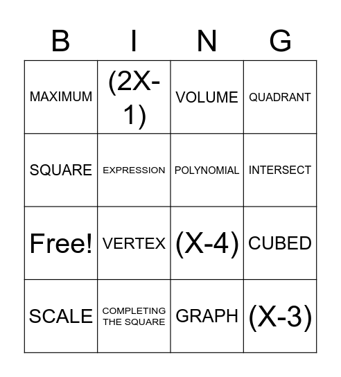 QUADRATIC/EXPONENT Bingo Card