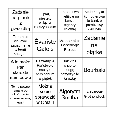 Algebra obliczeniowa bingo Card