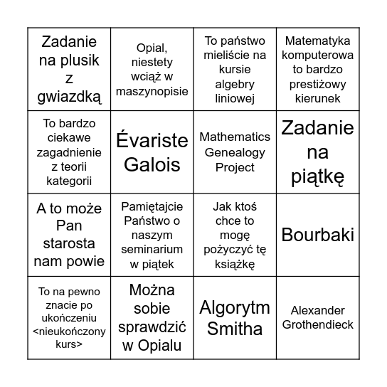 Algebra obliczeniowa bingo Card