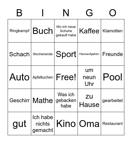 Was hast du am Wochenende gemacht? Bingo Card