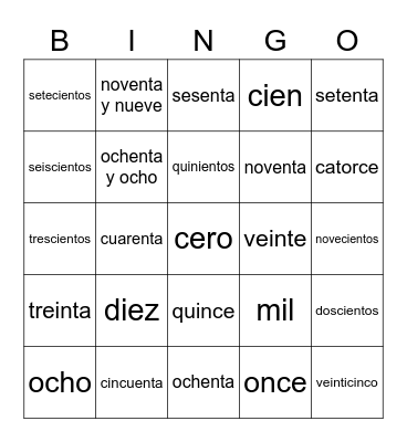 Numeros 1-1,000 Bingo Card