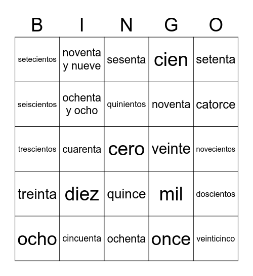 Numeros 1-1,000 Bingo Card