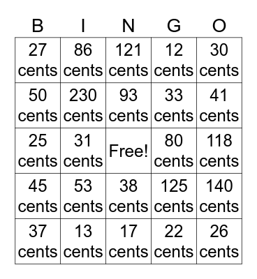 Counting Coins Bingo Card