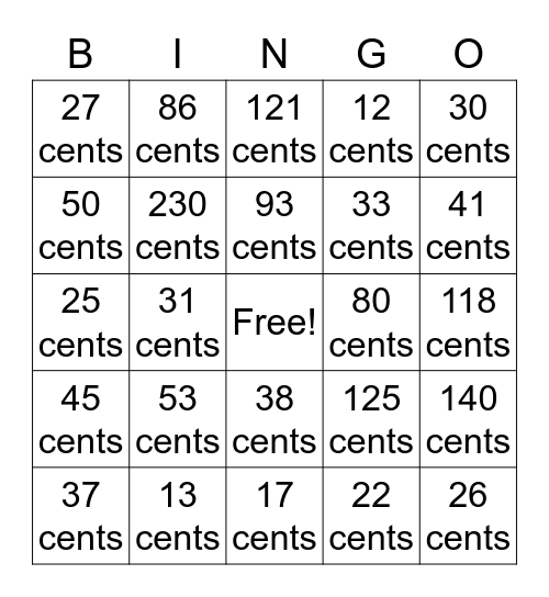 Counting Coins Bingo Card