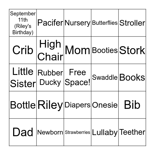 Stacey's Baby Shower  Bingo Card