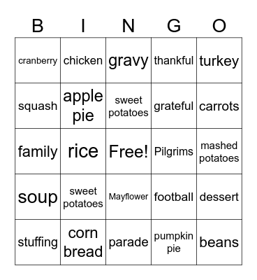 Thanksgiving Bingo Game 2 Bingo Card