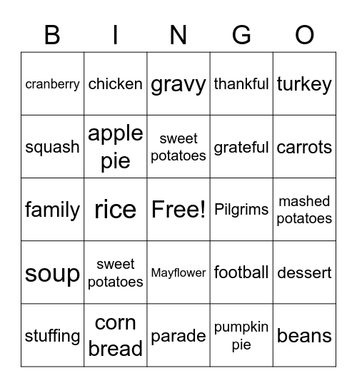 Thanksgiving Bingo Game 2 Bingo Card