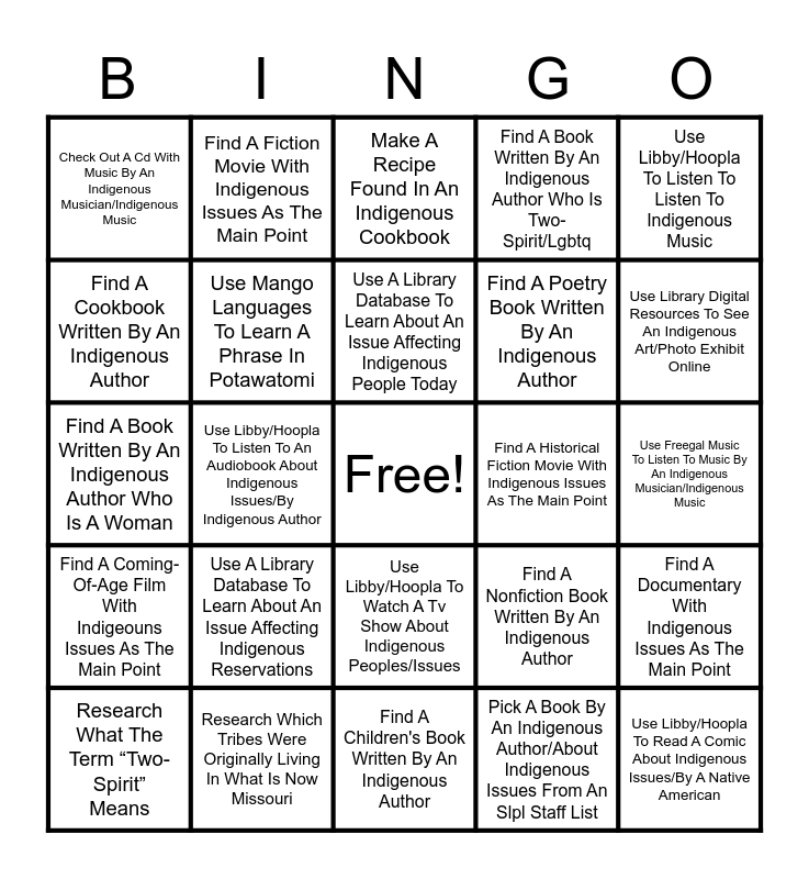 SLPL National Native American Heritage Month Bingo Card