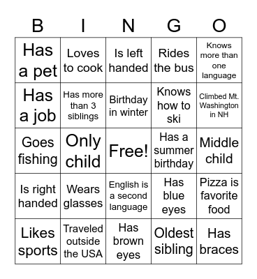 Getting to know you! Bingo Card