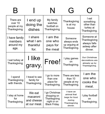 Thanksgiving - Similarities and Differences Bingo Card