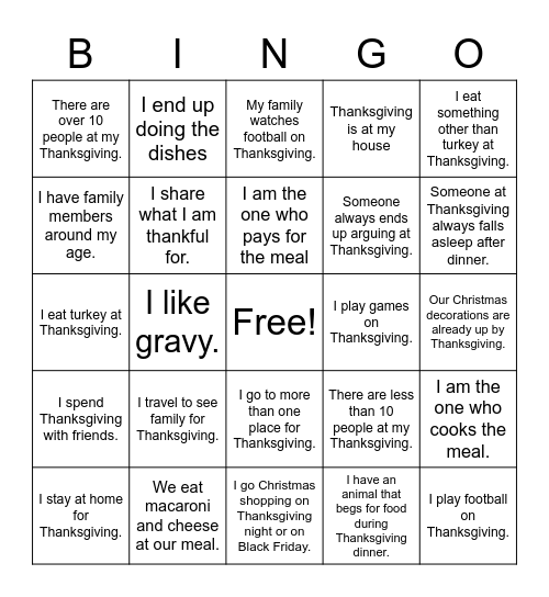 Thanksgiving - Similarities and Differences Bingo Card