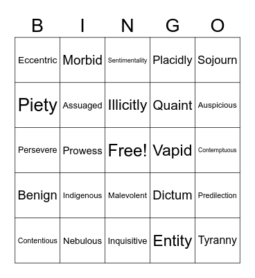 Vocabulary Bingo Card