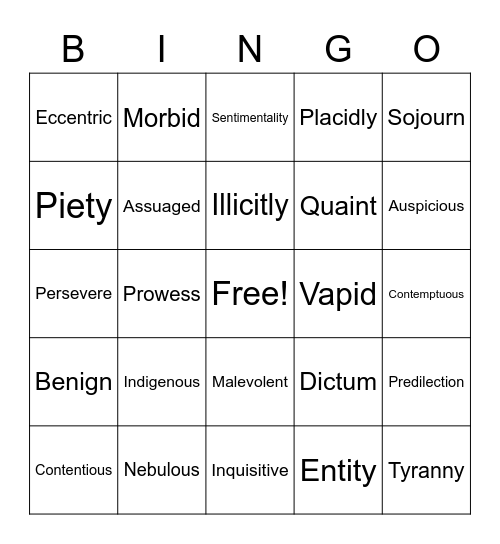 Vocabulary Bingo Card