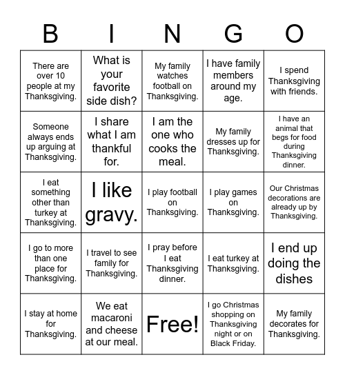 Thanksgiving - Similarities and Differences Bingo Card