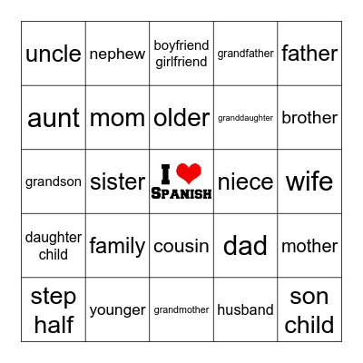 Family LA FAMILIA Bingo Card