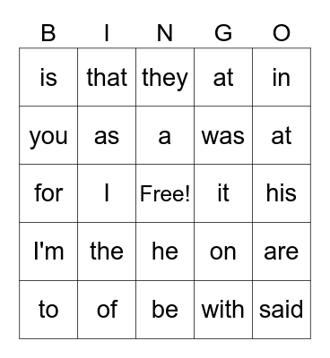 Sight Words Bingo Card