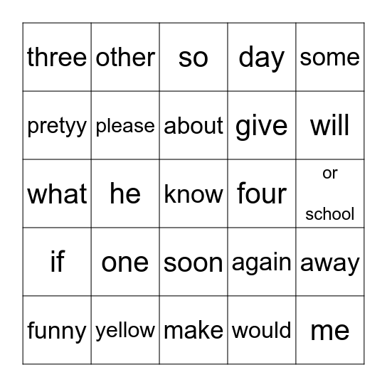 Quarter 4 Words Bingo Card