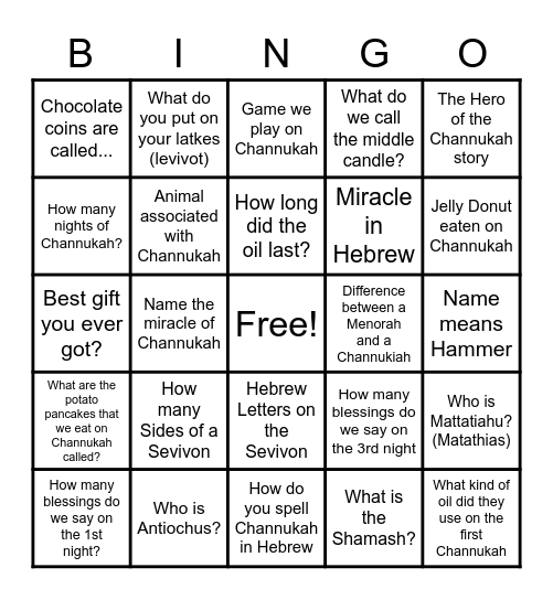 Channukah Kita Gimel Bingo Card