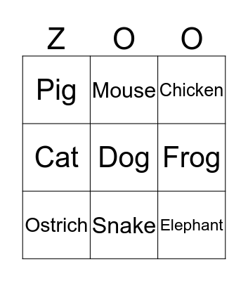 Animal Bingo Card