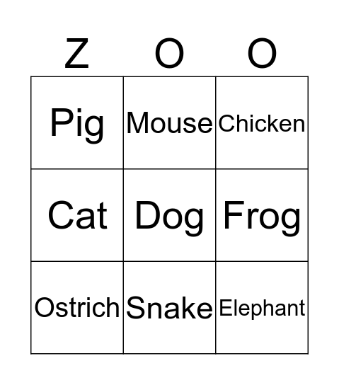 Animal Bingo Card