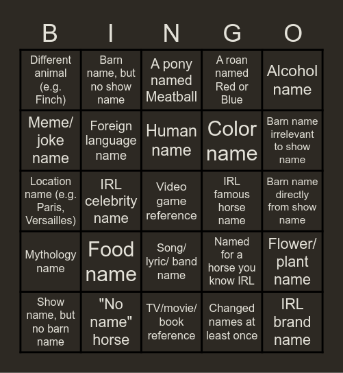 EQ Horse Naming Bingo Card