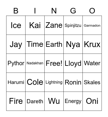 Ninjago Bingo Card