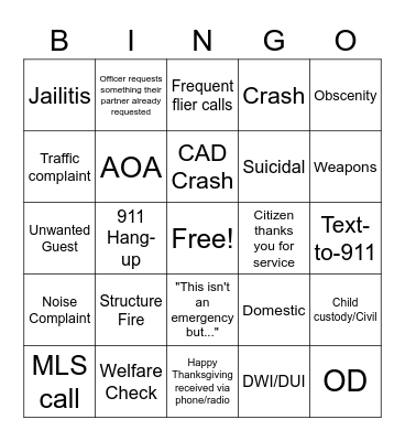 Dispatch Thanksgiving Bingo Card