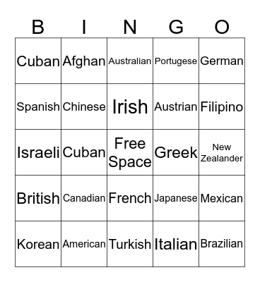 Nationalities Bingo Card