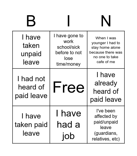 Paid Leave Bingo Card