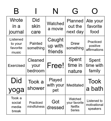 Self Care Bingo! Bingo Card