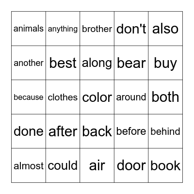 First Grade Words 1-25 Bingo Card