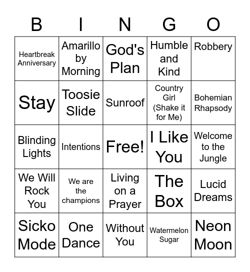 Musical Bingo Card