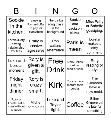 Gilmore Girls Drinking Bingo Card
